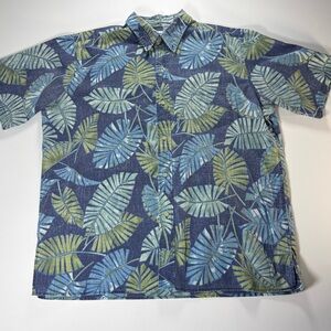 Reyn Spooner Navy and Green Leaf Pattern Shirt